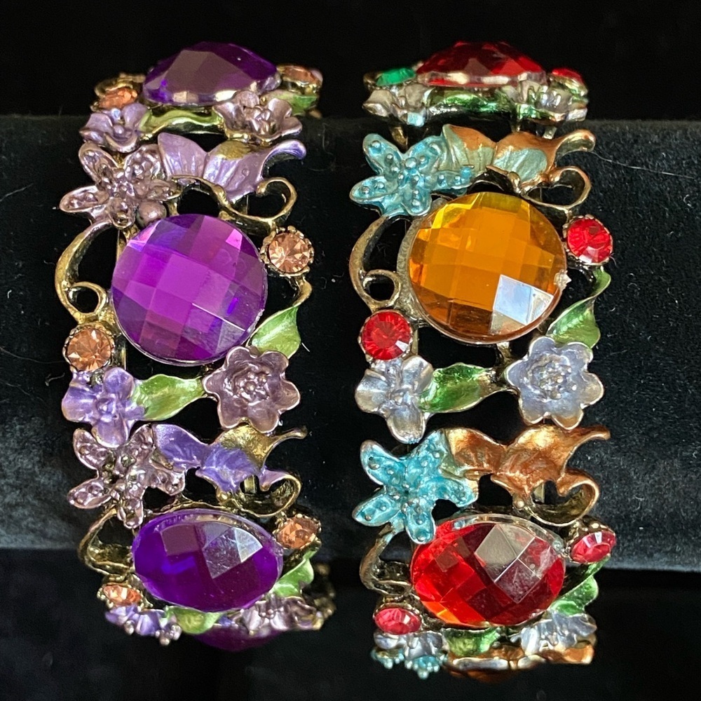 Set of 2 Enamel & Rhinestone Colorful Floral Cuff Bracelets Multi Color
